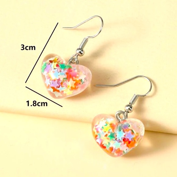 Fun Valentines🌈⭐️💖Rainbow Stars Glitter Confetti Heart Drop Dangle Earrings - Picture 4 of 5
